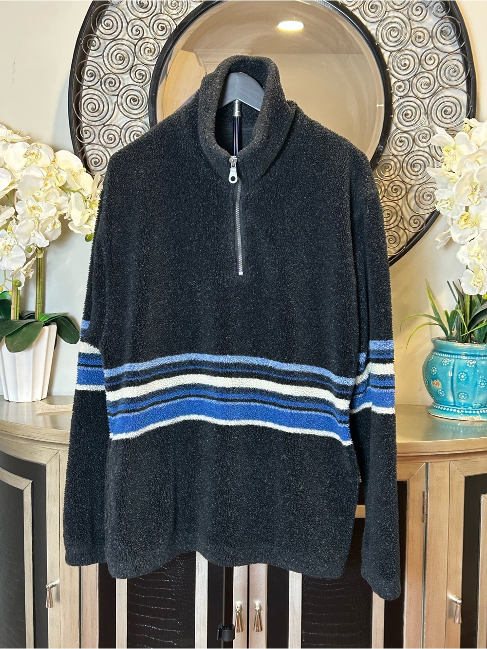 Free Country Black Half-Zip Sweater with Blue and White Stripes